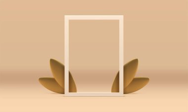 3d çerçeve reklam alanı yaylı dekor tasarımı gerçekçi vektör illüstrasyonu. Altın yapraklı birinci sınıf dikey kenar. Çiçekli bej minimalist stüdyo ürünü performansı.