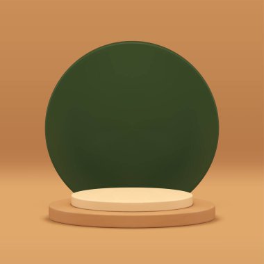 3d podyum boş sahne kaidesi ödül arenası premium ürün sunumu gerçekçi vektör illüstrasyonu için. Yeşil daire duvarlı silindir temel platformu bej rengi stüdyo arkaplan görüntüsü