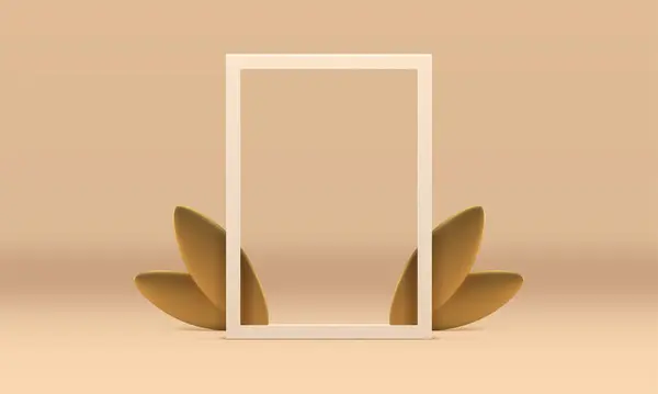 3Dフレーム広告スペースディスプレイ春の装飾デザイン現実的なベクターイラスト 金色の葉が付いている優れた縦の境界 花のベージュのミニマリストのレンダリング スタジオの背景製品の性能 ロイヤリティフリーストックベクター