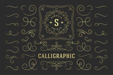 Kaligrafik tasarım elemanları klasik süsler girdaplar ve parşömenler dekorasyonları süsleme vektör tasarım elementleri. Geçmiş tasarım, tebrik kartları, sertifikalar sınırlar, çerçeveler ve davetler için iyidir.