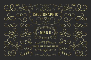 Kaligrafik tasarım elemanları klasik süsler girdaplar ve parşömenler dekorasyonları süsleme vektör tasarım elementleri. Geçmiş tasarım, tebrik kartları, sertifikalar sınırlar, çerçeveler ve davetler için iyidir.