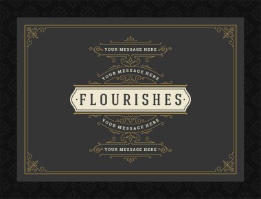 Vintage süsleme tebrik kartı kaligrafik süslemeler ve vignettes çerçeve tasarım vektör şablonu. Düğün davetiyesi ya da metin için diğer tasarım ve mekanlar için iyi dekoratif satırlar.