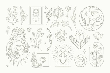 Basit bir logo botanik çiçek seti vektör çizimi. Tek renkli sanat deco çiçeği doğal bitki, güzel kadın portresi, soyut vahşi çiçek güzel düzenleme izole edilmiş.