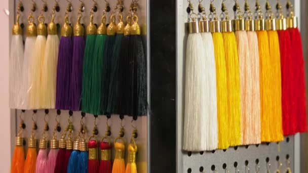 Many various colored hanging fringe curtain tassels. — Stock Video