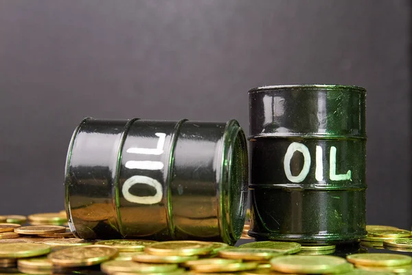 금화 더미 위에 있는 두 개의 석유 통. — 스톡 사진