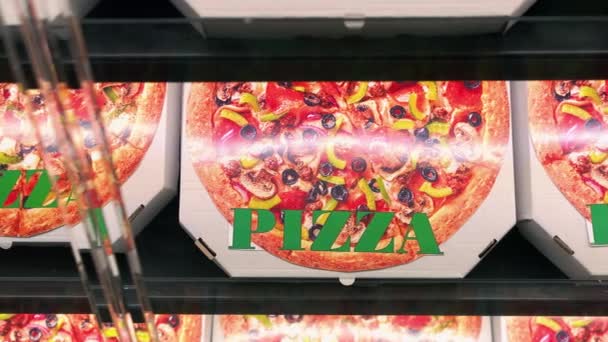 Veel dezelfde pizza dozen bovenaanzicht close-up. — Stockvideo