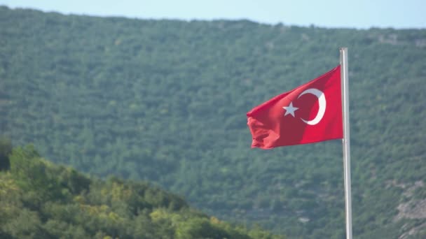 Bandera de Turquía ondeando en el viento. Naturaleza verde borrosa. — Vídeo de stock