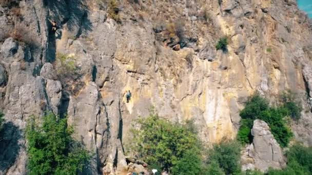 Rock climbers climbing on the mountains cliff. Aerial view from drone. — Stock Video