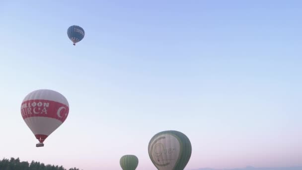 Mavi gökyüzünde uçan renkli sıcak hava balonları. — Stok video