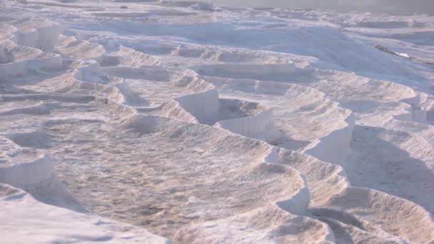 Los travertinos Pamukkale se acercan. Superficie caliza. — Vídeo de stock