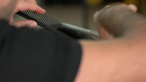 Peluquero masculino cortando el pelo de los clientes con una tijera de cerca. — Vídeo de stock