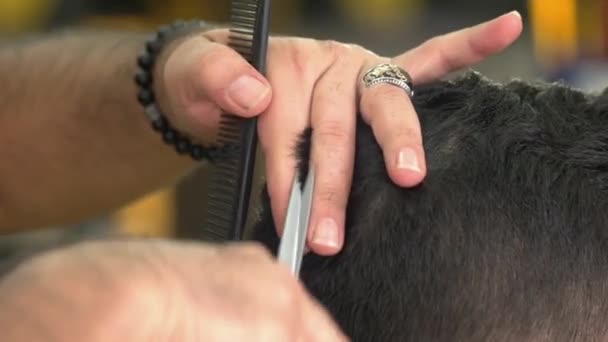 Close up hairdresser cuts hair of man with professional tools in the barbershop. — Vídeo de Stock