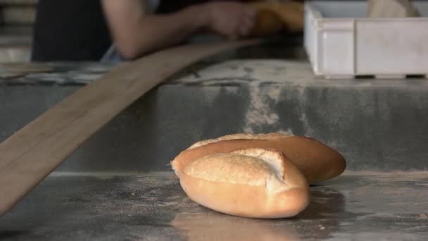 Pain français croquant fraîchement cuit sur plaque de cuisson dans la boulangerie. — Video