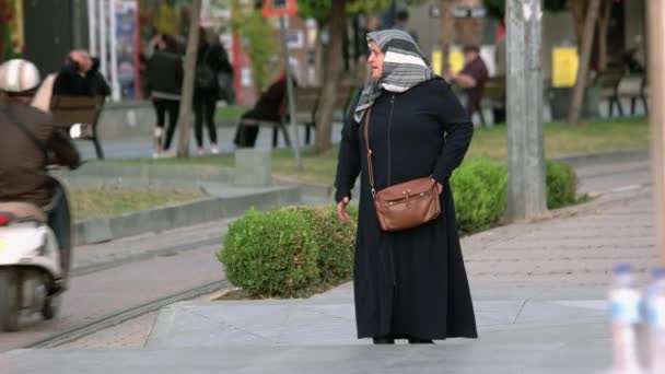 夏の日に子供が屋外を歩くイスラム教徒の女性. — ストック動画