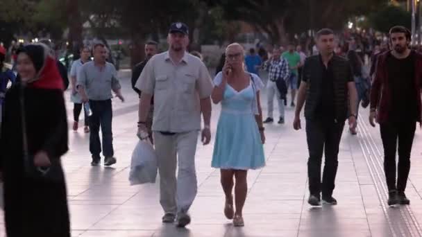 Τουρίστες περπατούν σε πολυσύχναστο δρόμο της πόλης σε μια καλοκαιρινή μέρα. — Αρχείο Βίντεο