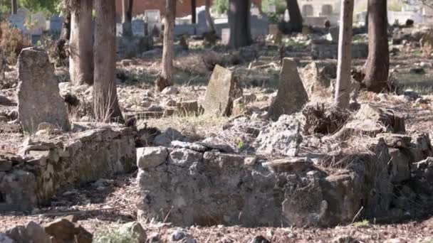 Ruins of old islamic cemetery close up. An ancient islamic graveyard. — Stock Video