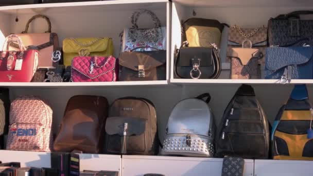 店舗の棚に袋を並べ替えます。店内の女性用ハンドバッグ. — ストック動画