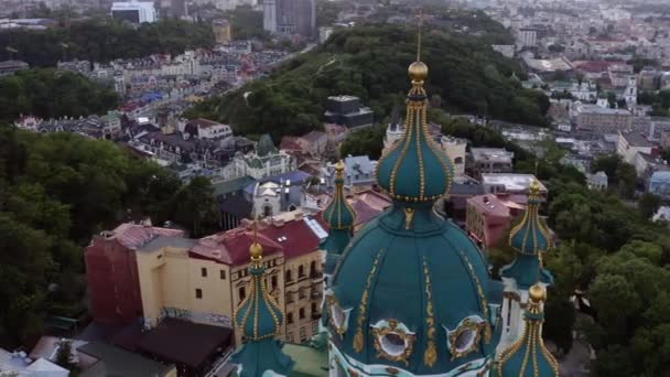 Aerial view of the slavic church with golden cross. — Stock Video