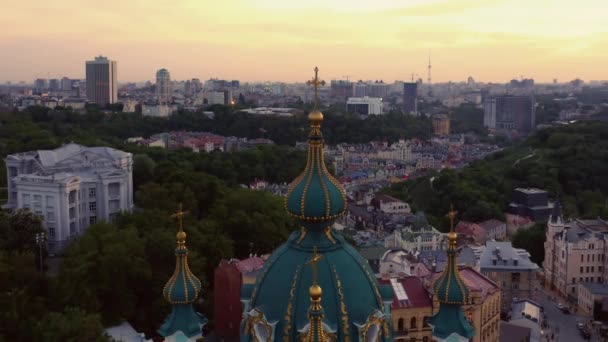 Aerial drone view of orthodox slavic church in the evening. — Video