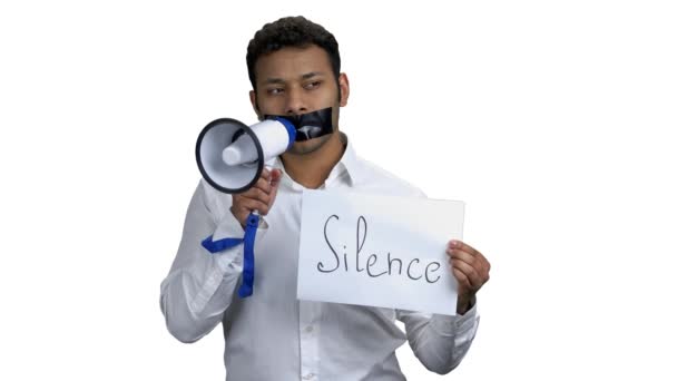 Censored man with black tape over mouth. — Vídeos de Stock