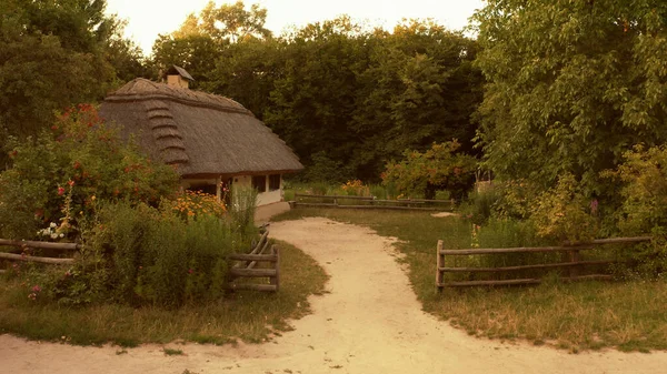 Ścieżka prowadząca do domu ogrodzonego drewnianym płotem. — Zdjęcie stockowe