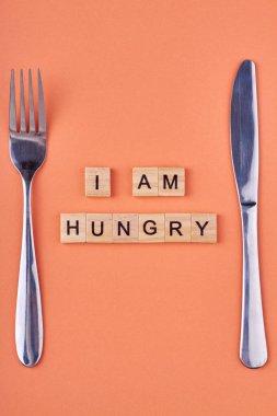 Tahta bloklara yazılmış aç bir yazıtım var. Çatal ve bıçak masada. Düz yatış ve üst görünüm.