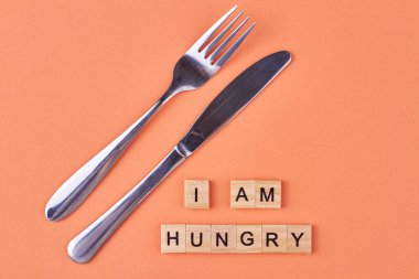 Çatal bıçak takımı ve tahta küplerden düz kompozisyon. Açım. Renk arkaplanı.