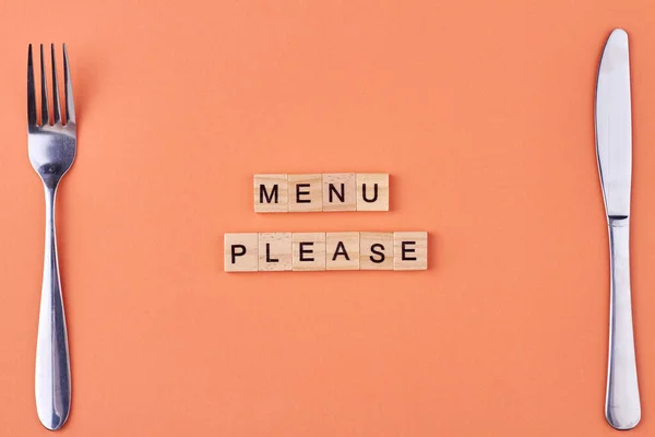 Menu Please Text Written Wooden Blocks Fork Knife Table Flat — Stock Photo, Image