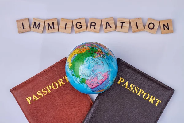 Pasaportes Globo Cubos Madera Con Inmigración Texto Cerca Estilo Laico — Foto de Stock