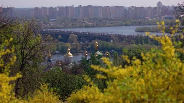 Malowniczy Widok Przez Kwitnące Drzewa Miejskiego Krajobrazu Mostem Nad Rzeką — Wideo stockowe