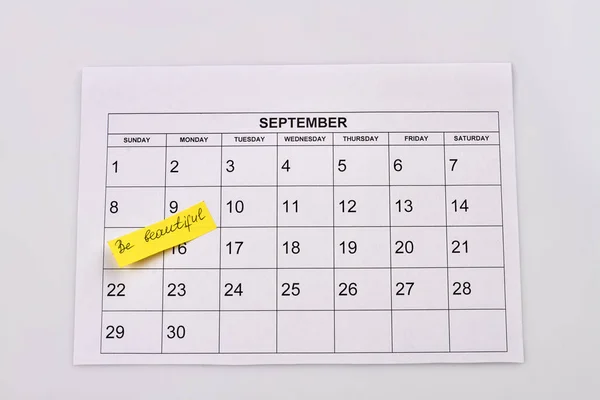 Wees Mooi Handschrift Papieren September Kalender Geïsoleerd Witte Achtergrond — Stockfoto