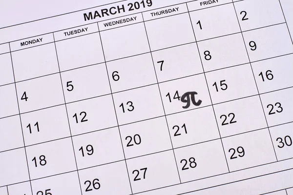 March calendar with pi number mark on the 14th day. Number pi day.