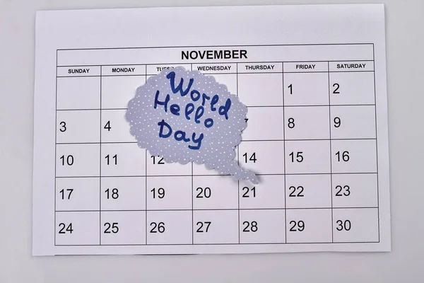 21 november world hello day. White month calendar. Holiday plan concept.