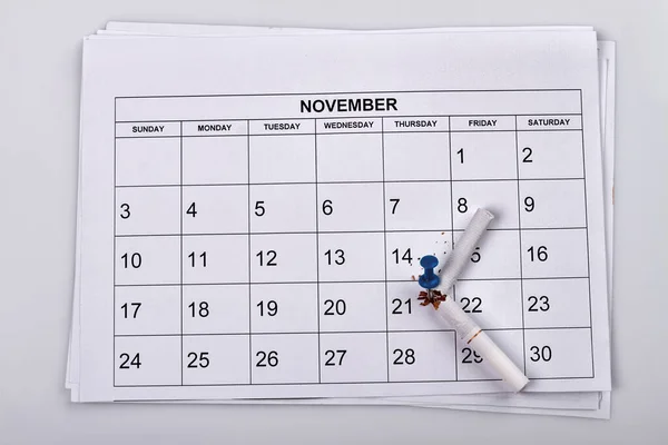 Broken Cigarette Push Pin Month Calendar November Calendar White Background — Stock Photo, Image