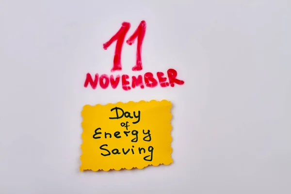 November Day Sticker Note Energy Saving Handwriting Isolated White Background — Stock Photo, Image