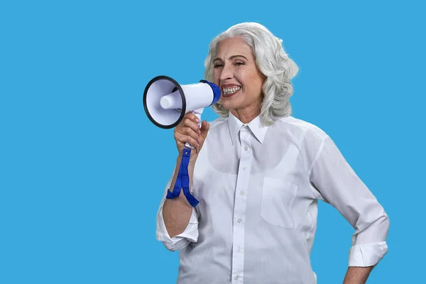 Expressive Senior Woman White Blouse Talking Megaphone Mature Lady Loudspeaker — Stock Photo, Image