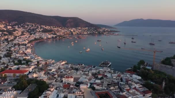 Vista Aérea Drone Mar Egeu Com Barcos Arquitetura Cidade Bodrum — Vídeo de Stock