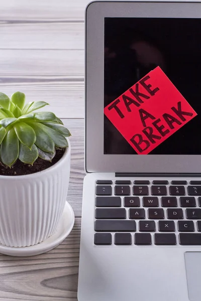 Sticker note with take a break message on laptop screen. Flowerpot with green leaves.