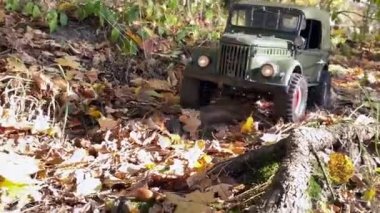 Retro RC askeri aracı yapraklar üzerinde off-road yapıyor. Eski bir Rus arazi aracı ormandaki engelleri aşıyor..