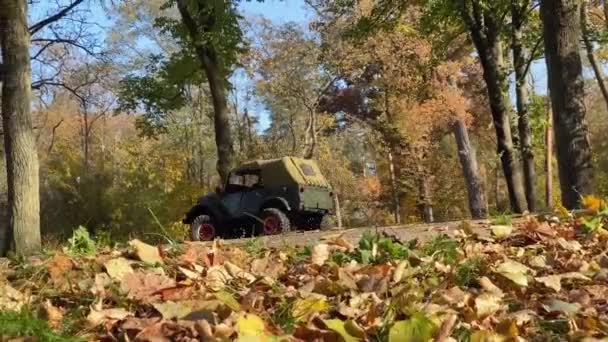 Dışarıdaki Sovyet Askeri Aracının Oyuncak Modeli Ormanda Sonbahar Yaprakları Üzerinde — Stok video