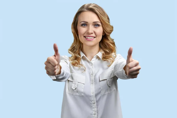 Young Pretty Woman White Blouse Gesturing Thumbs Both Hands Woman — Stock Photo, Image