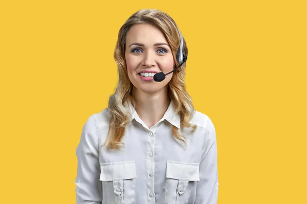 Portrait Beautiful Call Center Agent Looking Camera Color Background Call — Foto de Stock