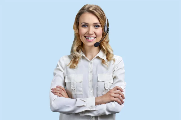 Happy Call Center Operator Headset Crossing Arms Blue Background Support — Stock fotografie