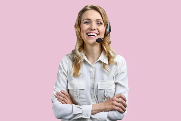 Portrait Happy Smiling Call Center Agent Looking Camera Call Center — Stockfoto