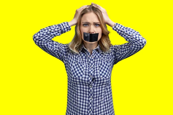 Young Desperate Woman Mouth Covered Tape Holding Hands Head Silenced — Stock Photo, Image