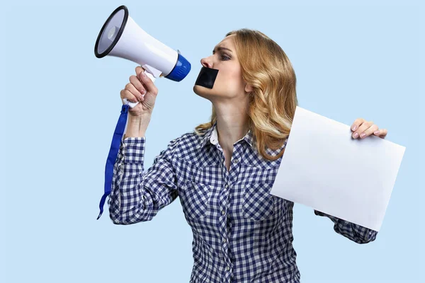 Female Protester Taped Mouth Trying Speak Megaphone Censorship Concept — Zdjęcie stockowe