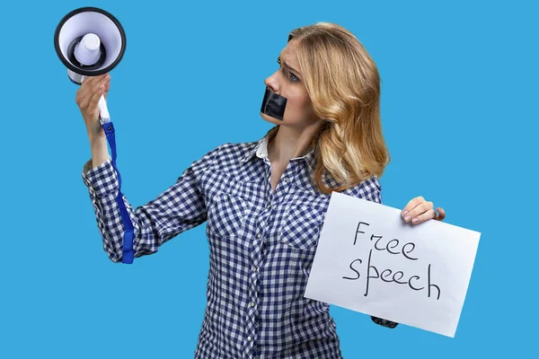 Upset Woman Protester Adhesive Tape Mouth Looking Megaphone Her Hand — ストック写真