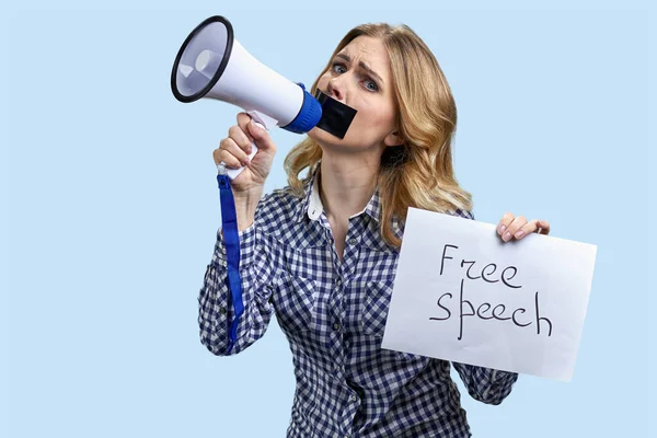 Young Woman Taped Mouth Trying Speak Megaphone Free Speech Concept — Foto Stock