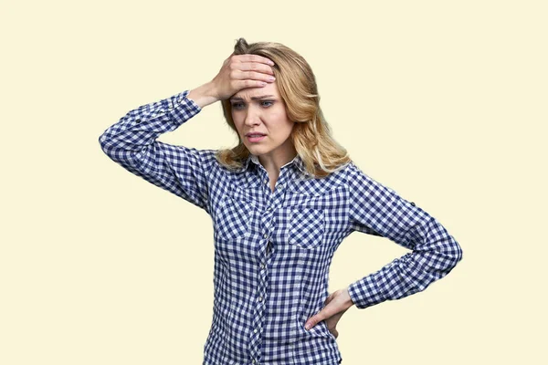 Young Worried Stressed Woman Touching Her Head Isolated White Background — Stok fotoğraf