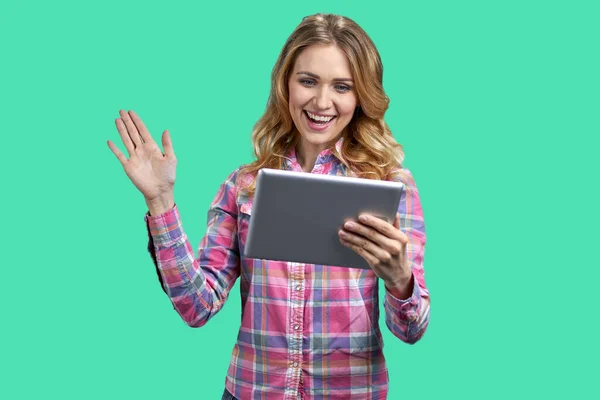 Young Happy Woman Holding Digital Tablet Waving Hand Young Joyful — Stok fotoğraf